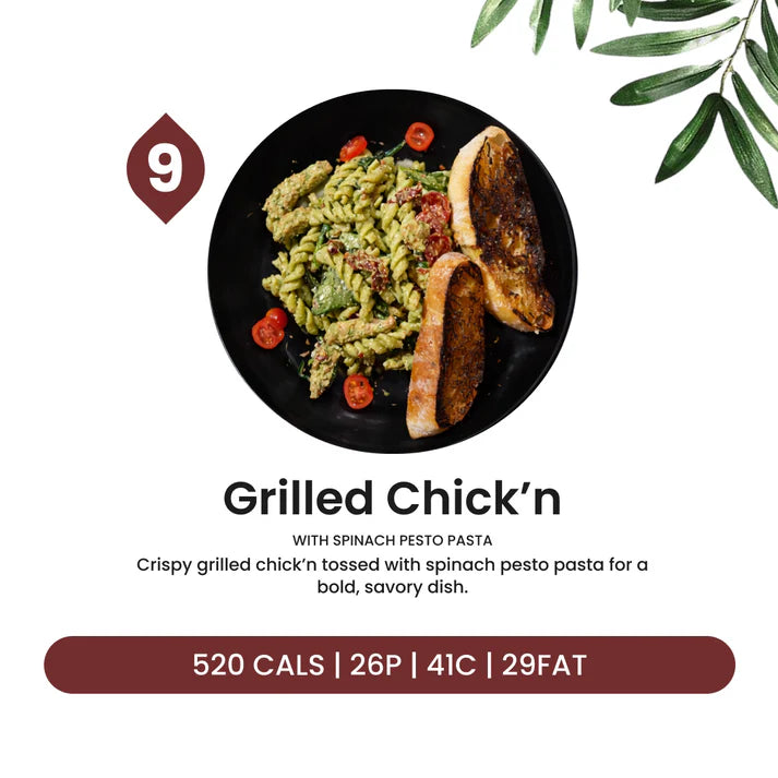 Grilled Chick’n with Spinach Pesto Pasta