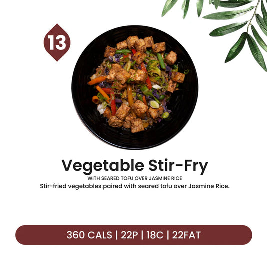 Vegetable Stir-Fry with Seared Tofu over Jasmine Rice