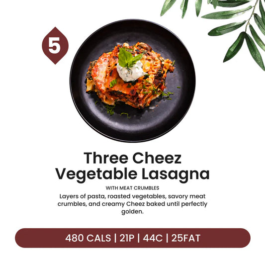 Three Cheez Vegetable Lasagna with Meat Crumbles